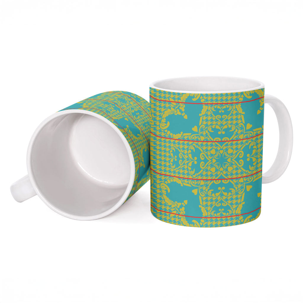 Green Hearts Crown Traditional Geometry Ceramic Mug Seanamarena Basotho Blanket Inspired
