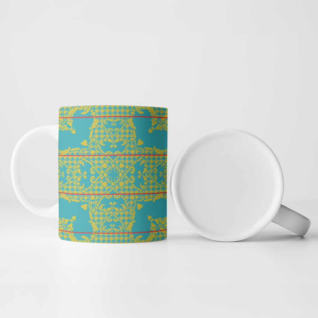 Green Hearts Crown Traditional Geometry Ceramic Mug Seanamarena Basotho Blanket Inspired