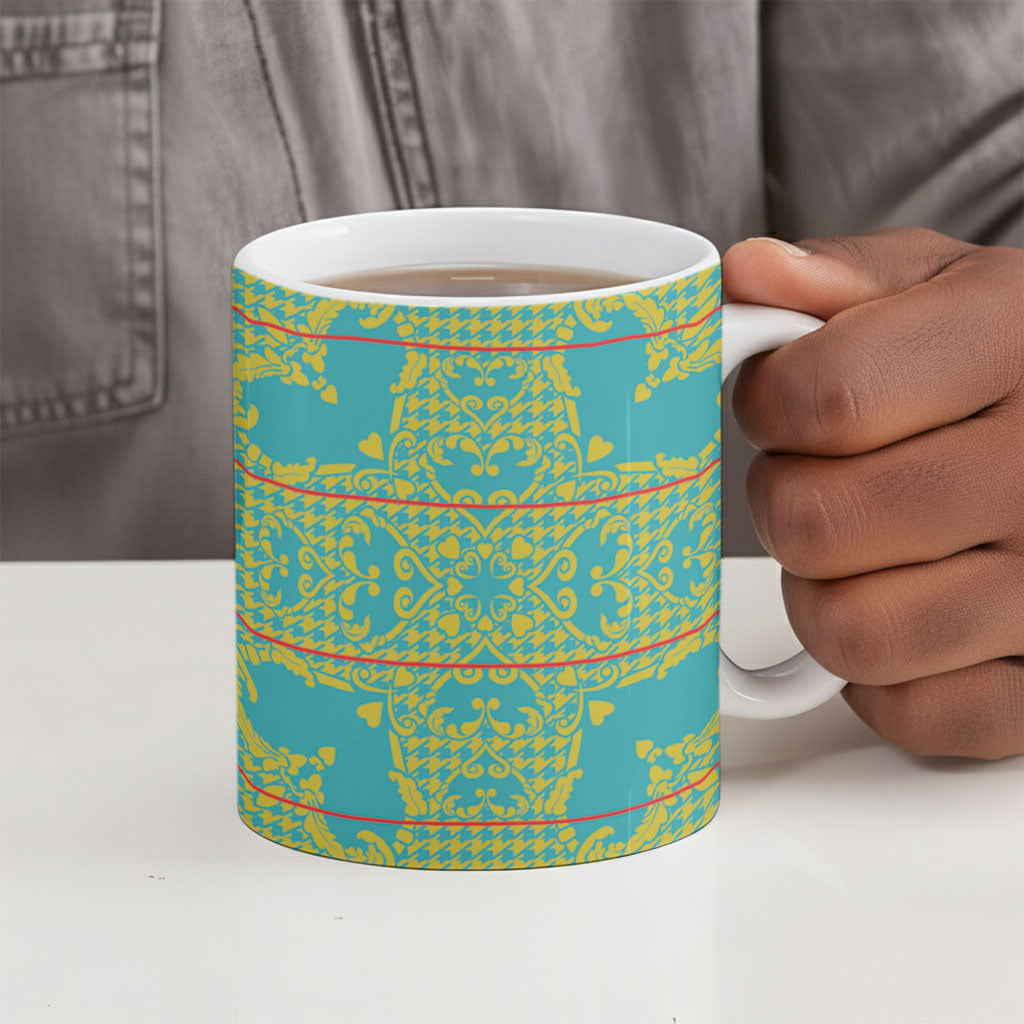 Green Hearts Crown Traditional Geometry Ceramic Mug Seanamarena Basotho Blanket Inspired