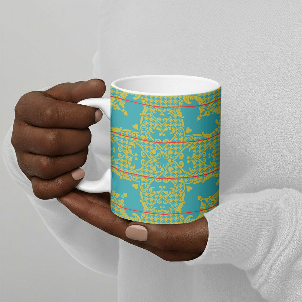 Green Hearts Crown Traditional Geometry Ceramic Mug Seanamarena Basotho Blanket Inspired