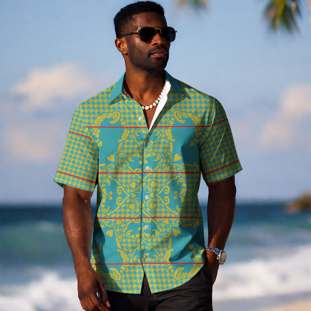 Green Hearts Crown Traditional Geometry Hawaiian Shirt Seanamarena Basotho Blanket Inspired