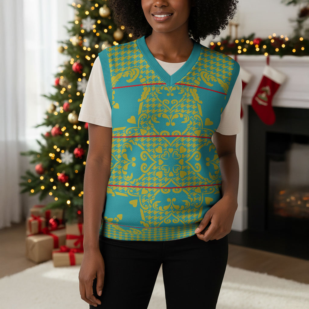 Green Hearts Crown Traditional Geometry Christmas Knitted V-Neck Vest Seanamarena Basotho Blanket Inspired
