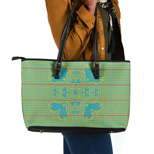 Green Hearts Crown Traditional Geometry Leather Tote Bag Seanamarena Basotho Blanket Inspired