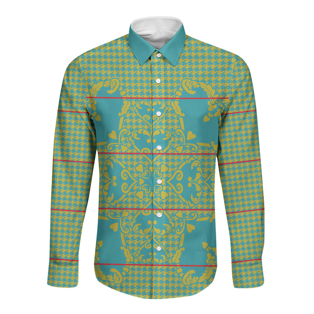 Green Hearts Crown Traditional Geometry Long Sleeve Button Shirt Seanamarena Basotho Blanket Inspired