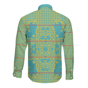 Green Hearts Crown Traditional Geometry Long Sleeve Button Shirt Seanamarena Basotho Blanket Inspired