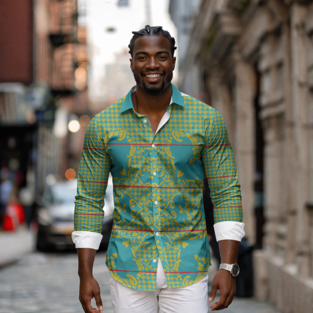 Green Hearts Crown Traditional Geometry Long Sleeve Button Shirt Seanamarena Basotho Blanket Inspired