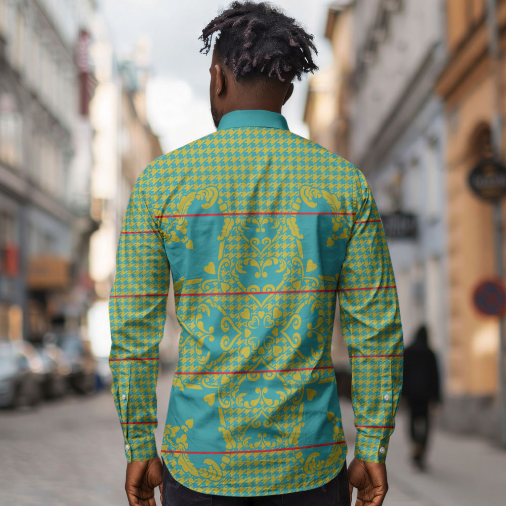 Green Hearts Crown Traditional Geometry Long Sleeve Button Shirt Seanamarena Basotho Blanket Inspired