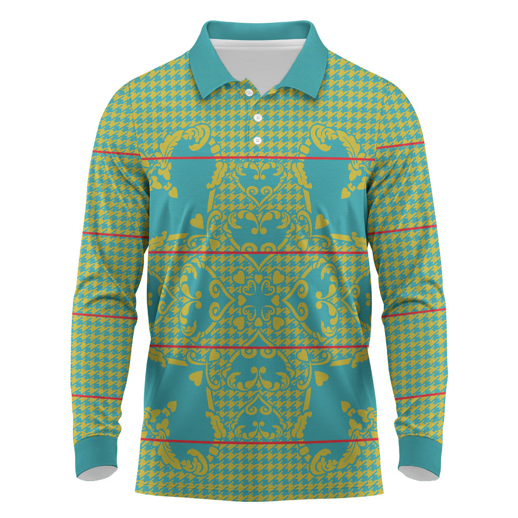 Green Hearts Crown Traditional Geometry Long Sleeve Polo Shirt Seanamarena Basotho Blanket Inspired