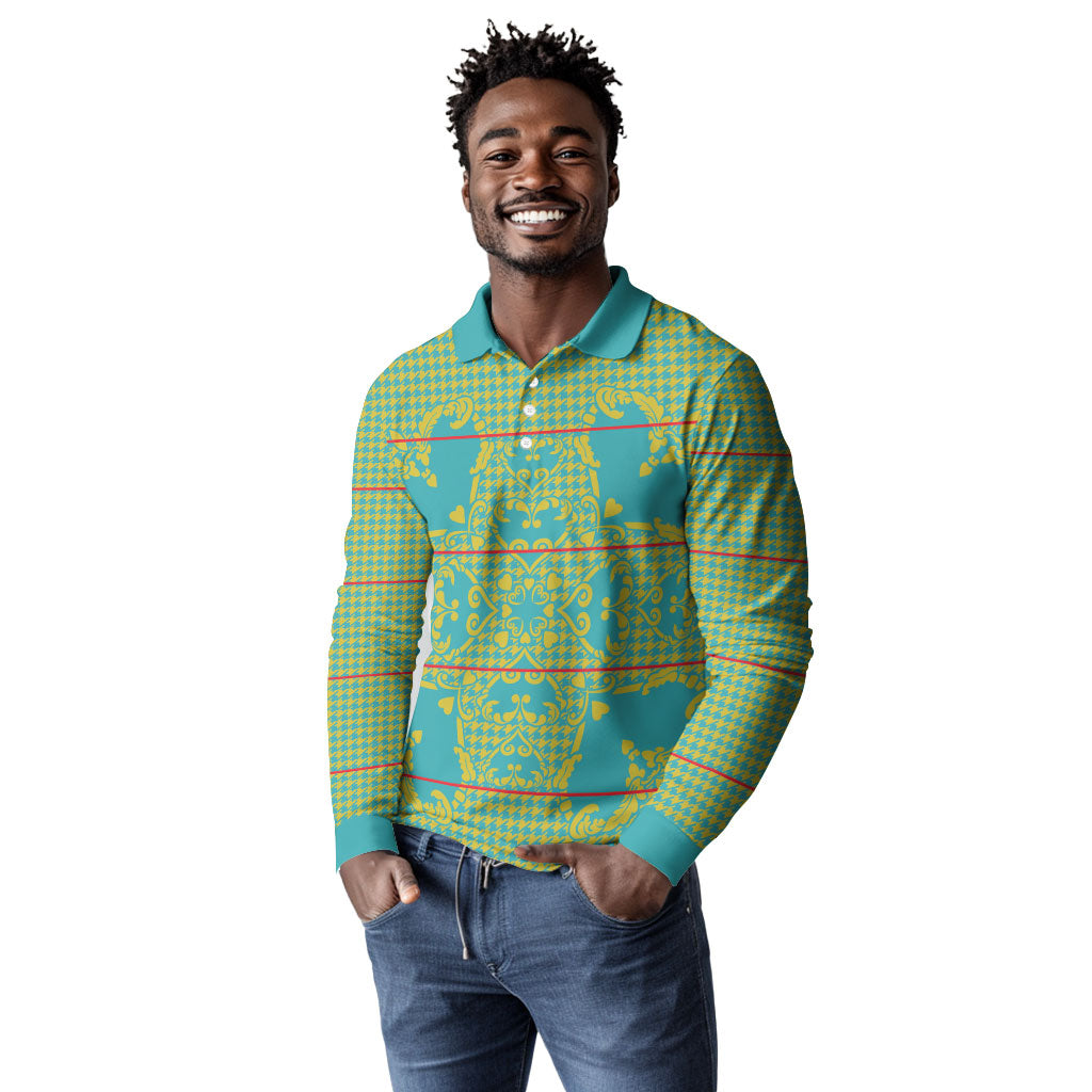 Green Hearts Crown Traditional Geometry Long Sleeve Polo Shirt Seanamarena Basotho Blanket Inspired