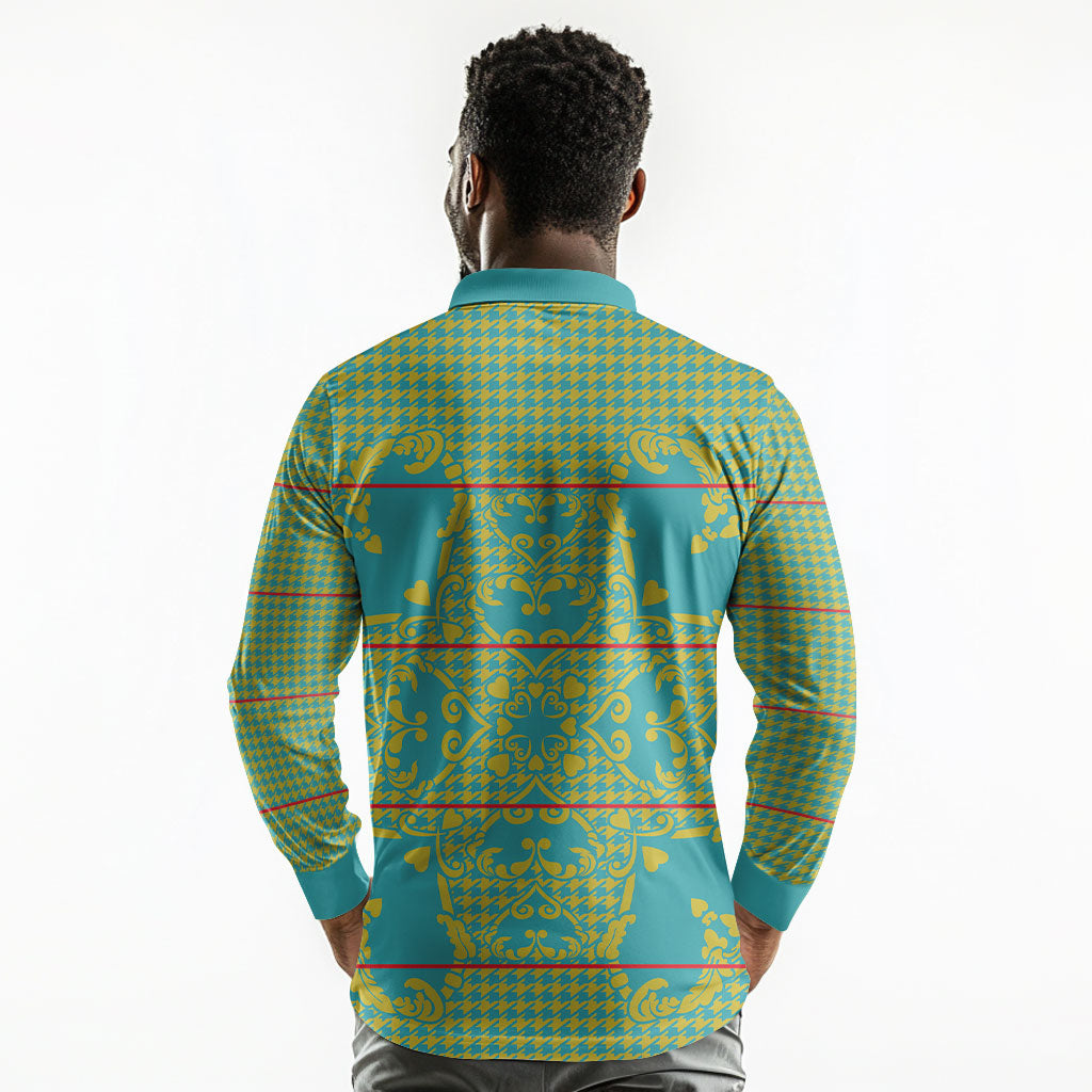 Green Hearts Crown Traditional Geometry Long Sleeve Polo Shirt Seanamarena Basotho Blanket Inspired