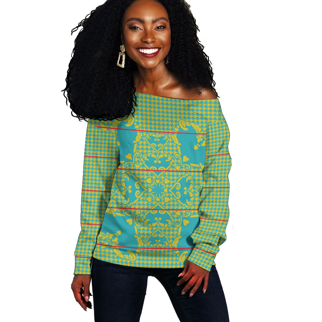 Green Hearts Crown Traditional Geometry Off Shoulder Sweater Seanamarena Basotho Blanket Inspired