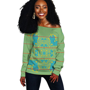 Green Hearts Crown Traditional Geometry Off Shoulder Sweater Seanamarena Basotho Blanket Inspired