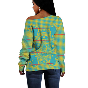 Green Hearts Crown Traditional Geometry Off Shoulder Sweater Seanamarena Basotho Blanket Inspired