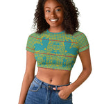 Green Hearts Crown Traditional Geometry Raglan Cropped T shirt Seanamarena Basotho Blanket Inspired