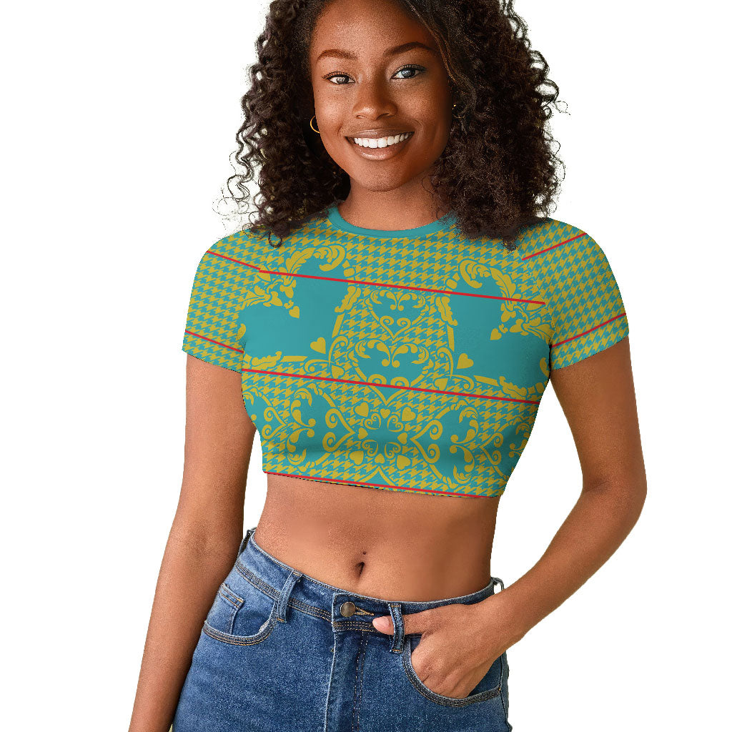 Green Hearts Crown Traditional Geometry Raglan Cropped T shirt Seanamarena Basotho Blanket Inspired