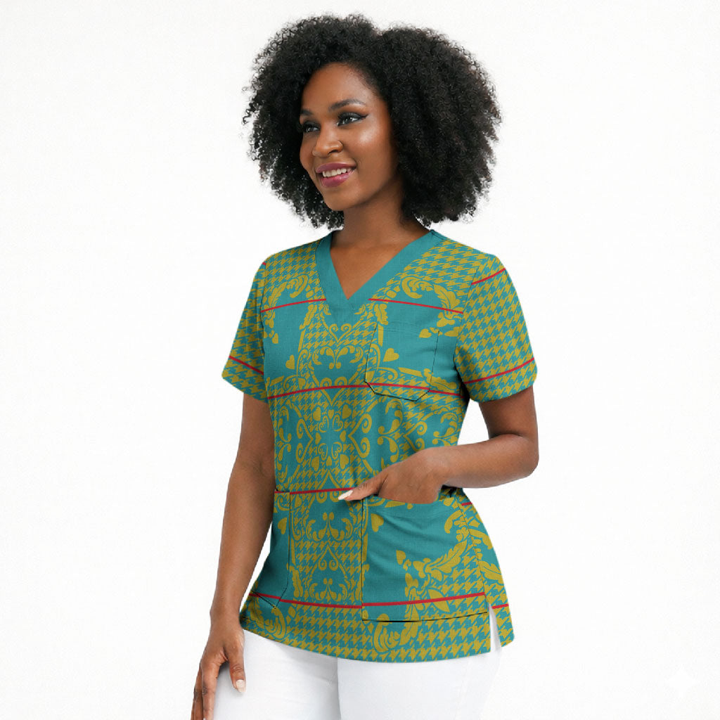 Green Hearts Crown Traditional Geometry Scrub Top Seanamarena Basotho Blanket Inspired