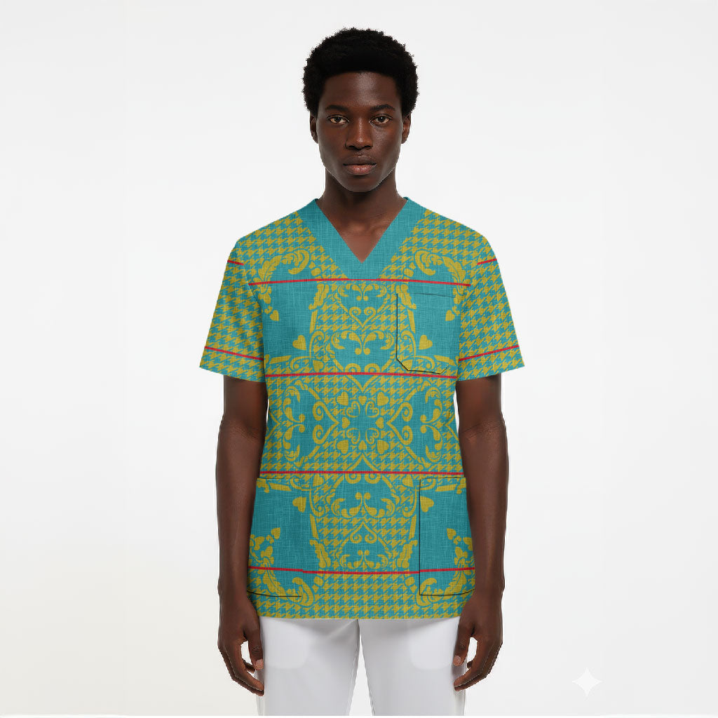 Green Hearts Crown Traditional Geometry Scrub Top Seanamarena Basotho Blanket Inspired