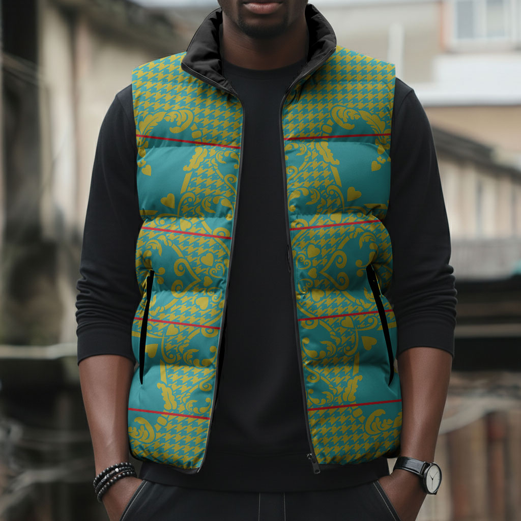 Green Hearts Crown Traditional Geometry Sleeveless Puffer Jacket Seanamarena Basotho Blanket Inspired