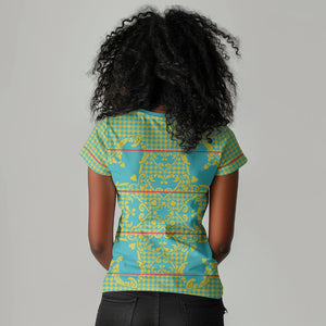 Green Hearts Crown Traditional Geometry Women V-Neck T-Shirt Seanamarena Basotho Blanket Inspired
