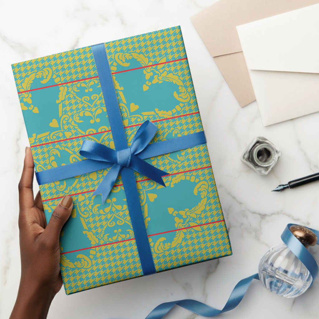Green Hearts Crown Traditional Geometry Wrapping Paper Seanamarena Basotho Blanket Inspired