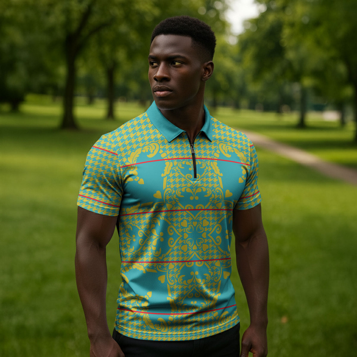 Green Hearts Crown Traditional Geometry Zipper Polo Shirt Seanamarena Basotho Blanket Inspired