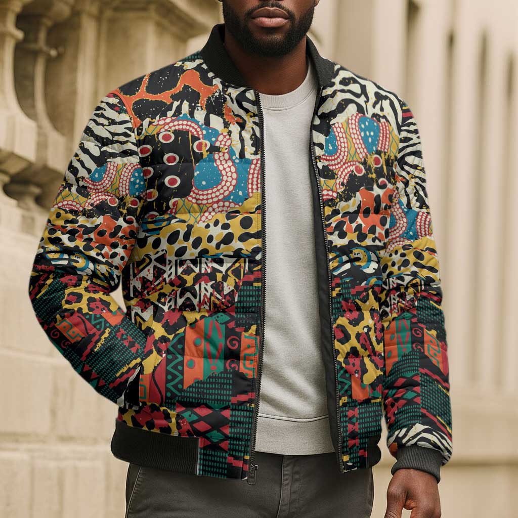 African Mixed Wild Animal Skins Bomber Puffer Jacket