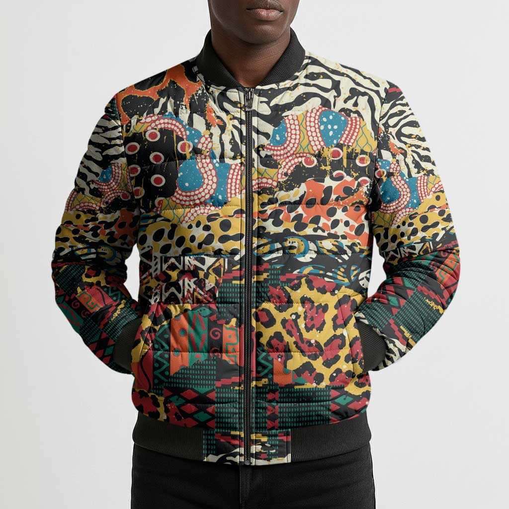 African Mixed Wild Animal Skins Bomber Puffer Jacket