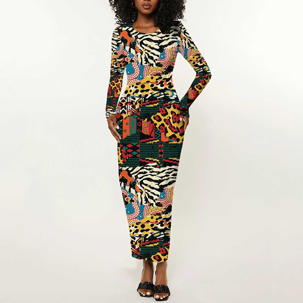 African Mixed Wild Animal Skins Long Sleeve Bodycon Dress