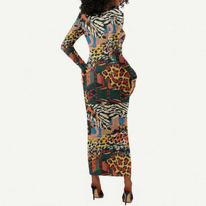 African Mixed Wild Animal Skins Long Sleeve Bodycon Dress