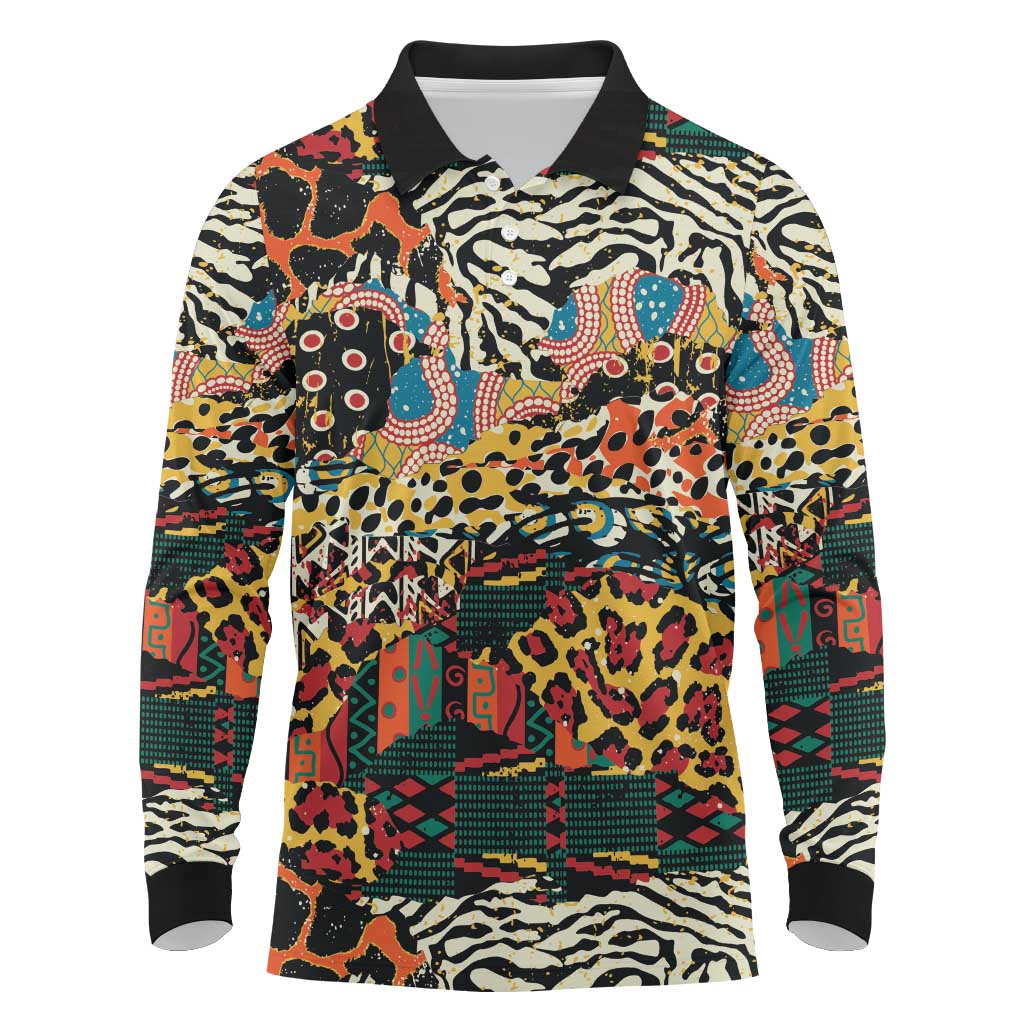 African Mixed Wild Animal Skins Long Sleeve Polo Shirt