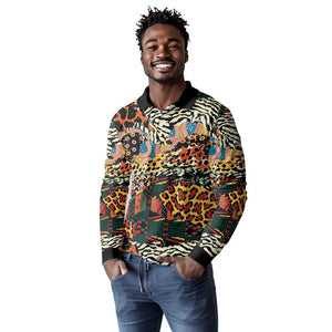 African Mixed Wild Animal Skins Long Sleeve Polo Shirt