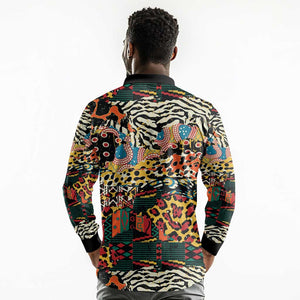 African Mixed Wild Animal Skins Long Sleeve Polo Shirt