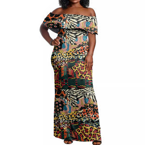 African Mixed Wild Animal Skins Off Shoulder Maxi Dress