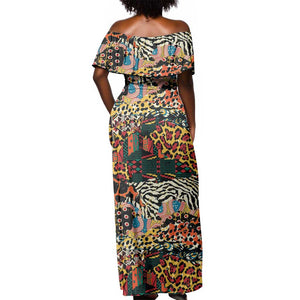 African Mixed Wild Animal Skins Off Shoulder Maxi Dress