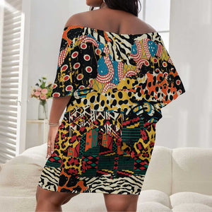 African Mixed Wild Animal Skins Off Shoulder Short Dress