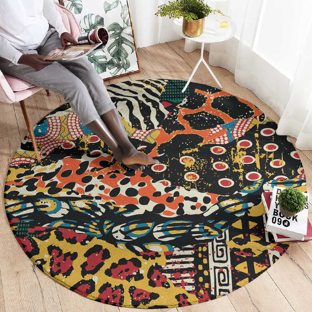 African Mixed Wild Animal Skins Round Carpet