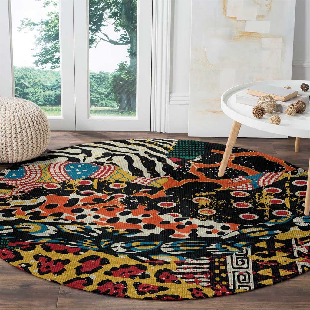 African Mixed Wild Animal Skins Round Carpet