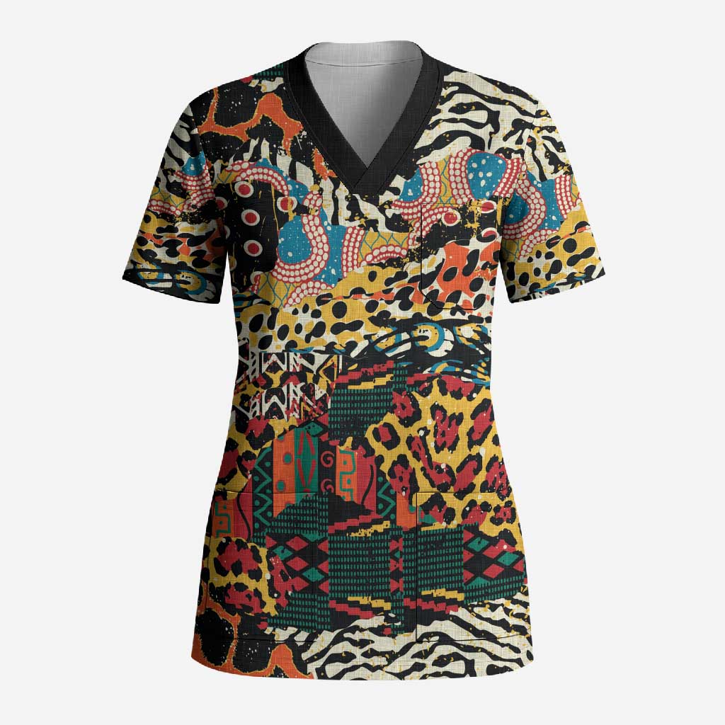 African Mixed Wild Animal Skins Scrub Top
