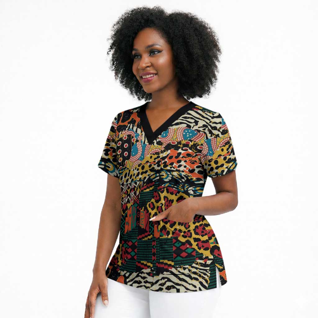 African Mixed Wild Animal Skins Scrub Top