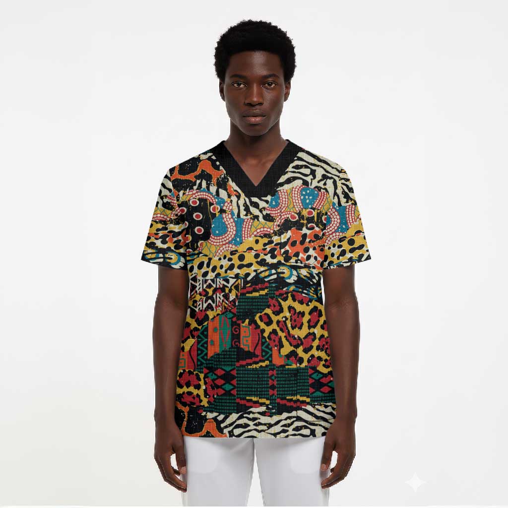 African Mixed Wild Animal Skins Scrub Top