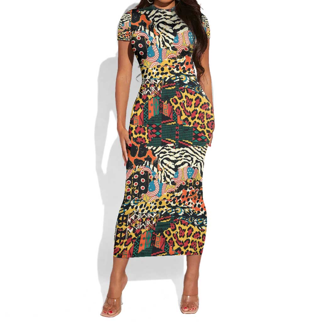 African Mixed Wild Animal Skins Short Sleeve Bodycon Dress