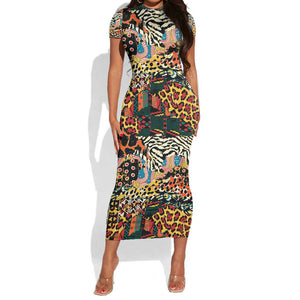 African Mixed Wild Animal Skins Short Sleeve Bodycon Dress