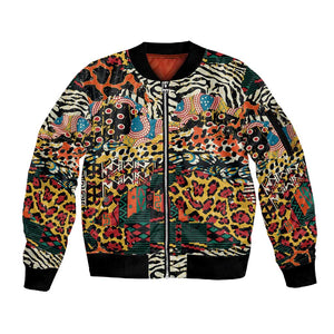 African Mixed Wild Animal Skins Sleeve Zip Bomber Jacket