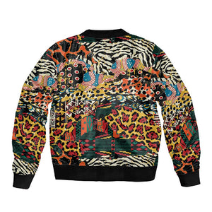 African Mixed Wild Animal Skins Sleeve Zip Bomber Jacket