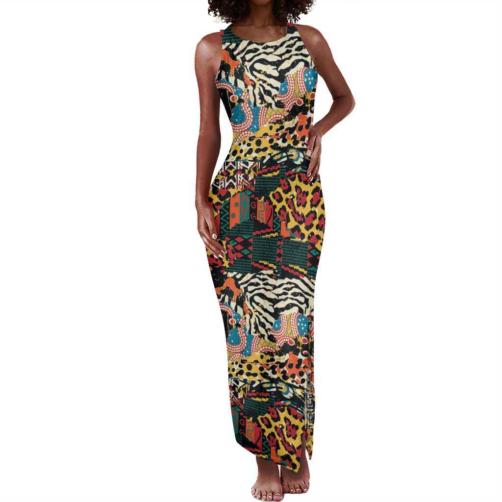 African Mixed Wild Animal Skins Tank Maxi Dress