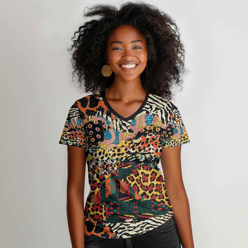 African Mixed Wild Animal Skins Women V-Neck T-Shirt