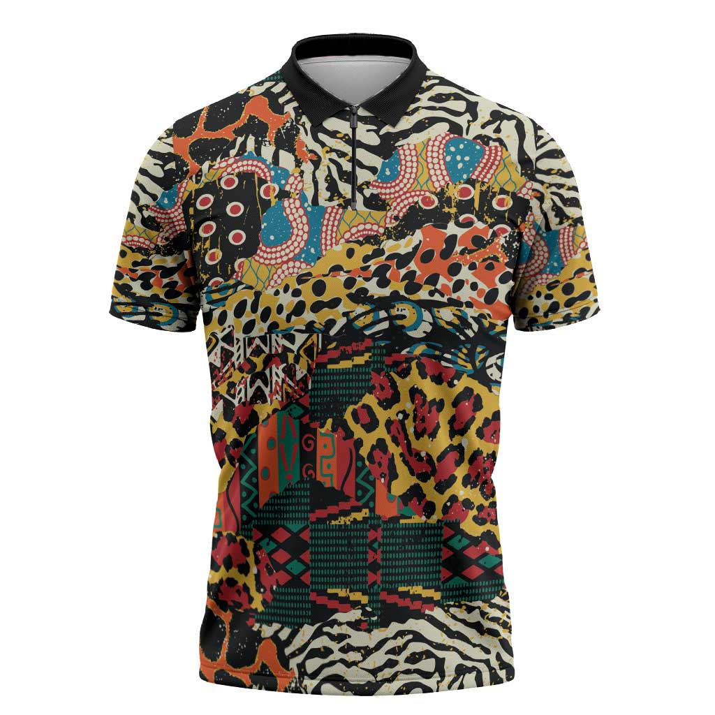 African Mixed Wild Animal Skins Zipper Polo Shirt