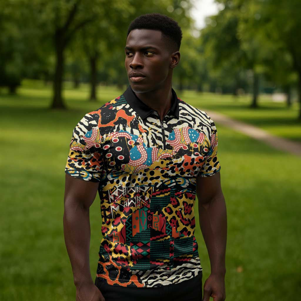 African Mixed Wild Animal Skins Zipper Polo Shirt