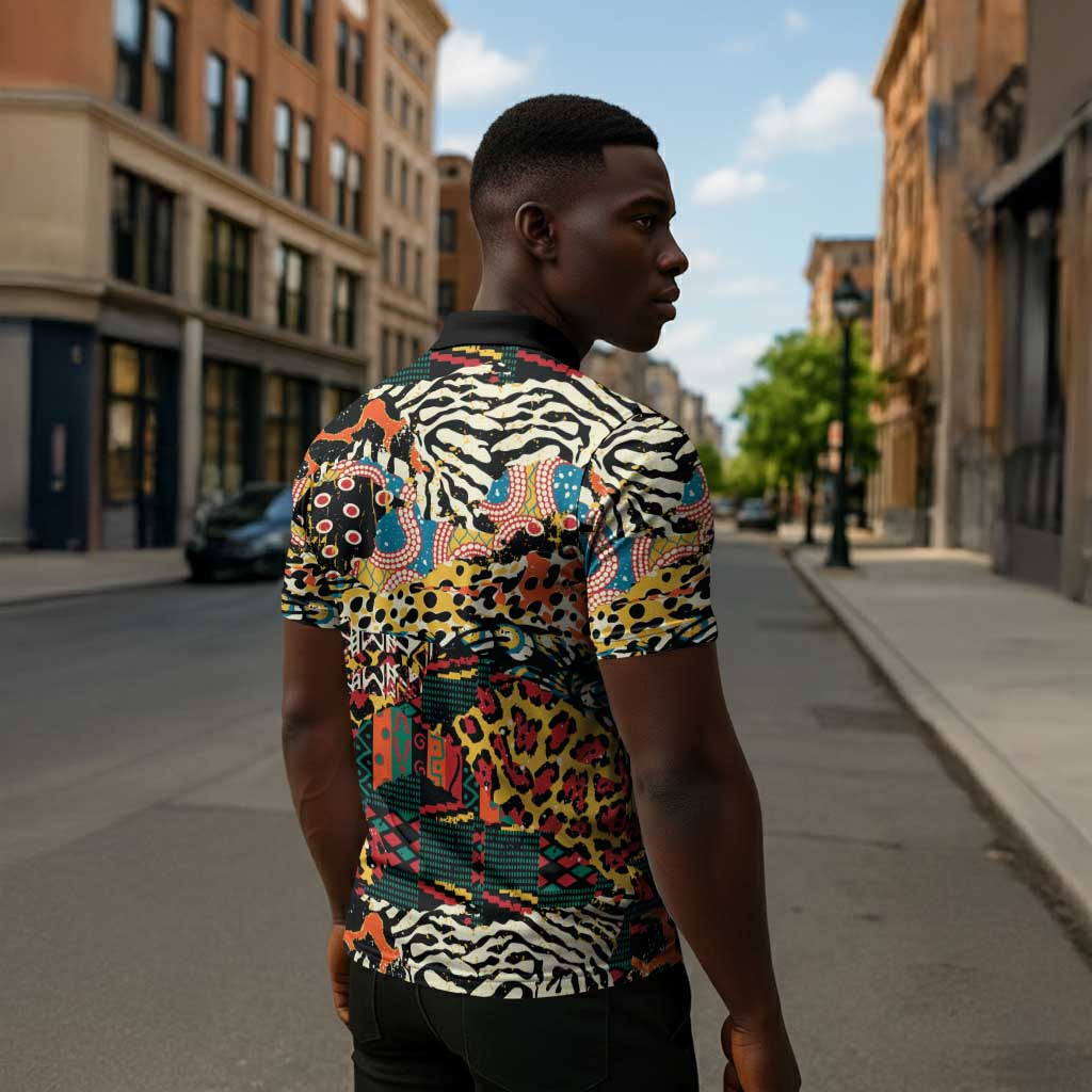 African Mixed Wild Animal Skins Zipper Polo Shirt