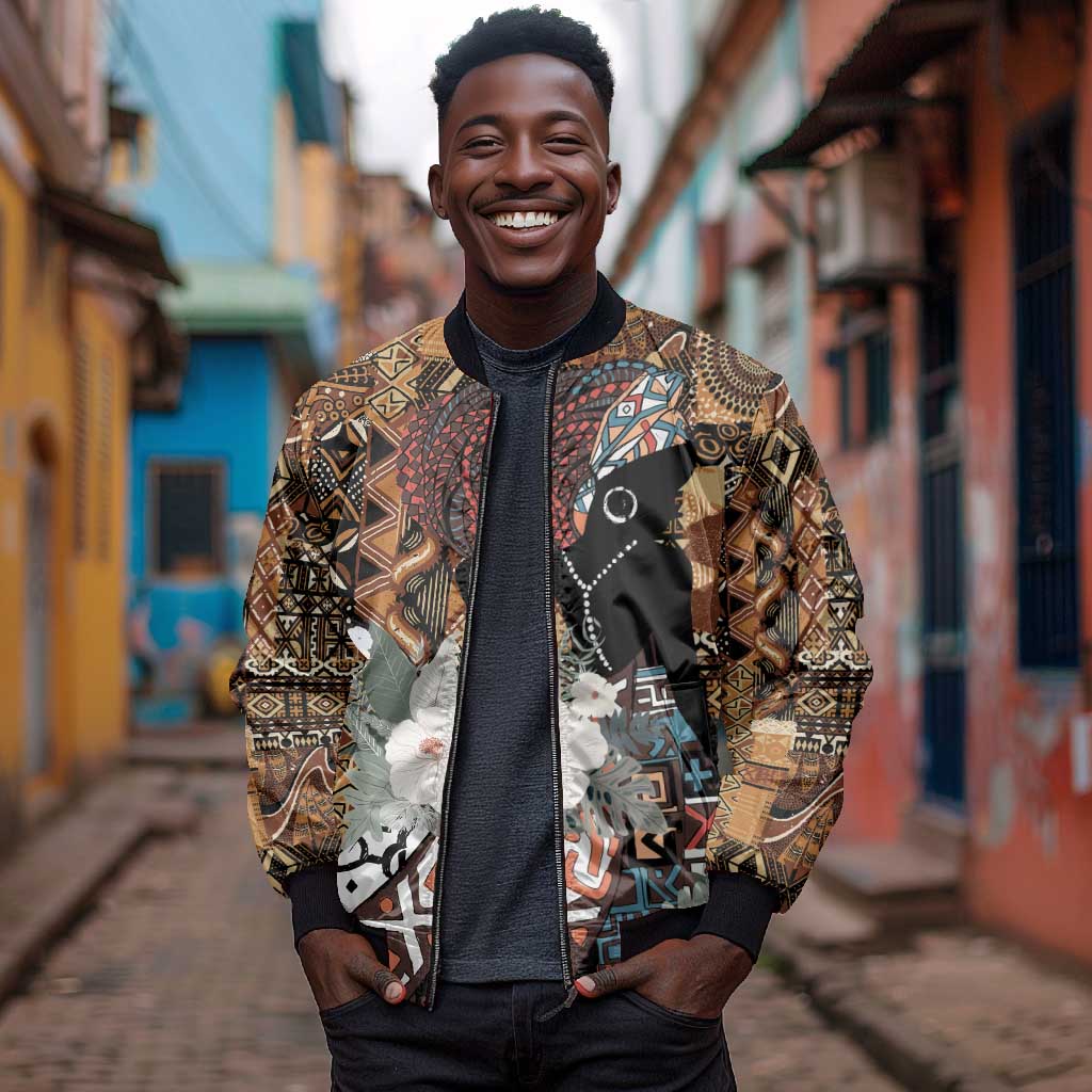 Beautiful Black Woman Bomber Jacket African Tribal Pattern